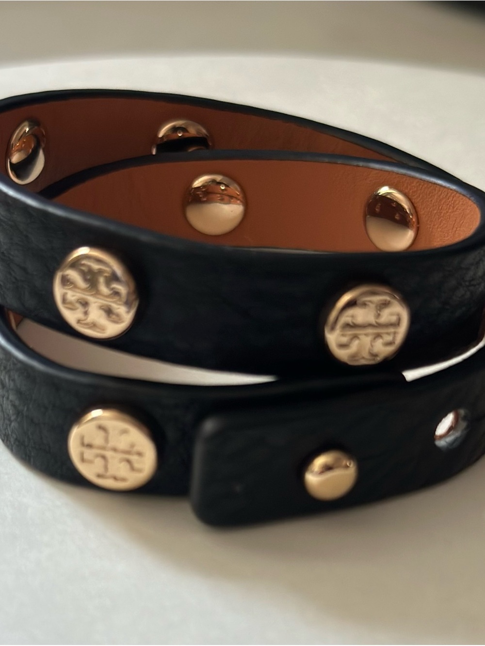 Tory Burch Black Leather Double-Wrap Bracelet with Gold Logo Studs